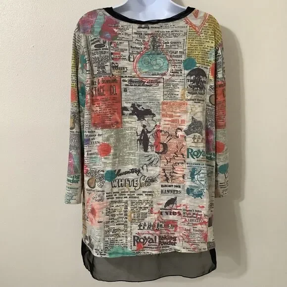 Vintage Y2K Artsy Eclectic Colorful Graphic Newsprint Oversized Shirt Large - Picture 6 of 12